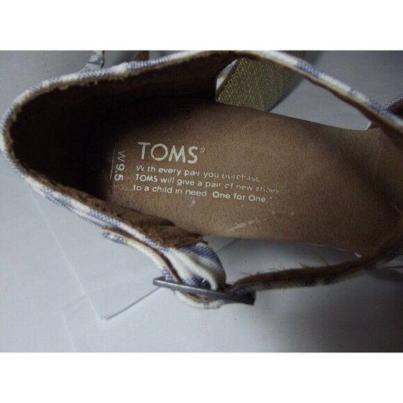 Toms Chambray Sandals 9.5 blue white canvas Peep-Toe Wedge adjustable straps - Picture 3 of 12